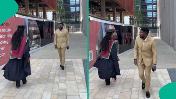 Nigerian lady in graduation gown and husband in suit nail the gwo gwo ngwo challenge