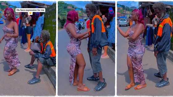 "Is he your dad?" Confident lady in tight-fitting gown dances for old man in public, video goes viral