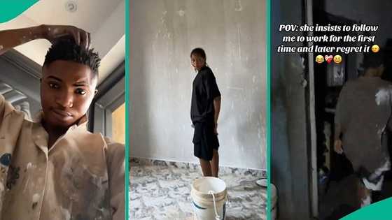 Lady who followed painter boyfriend to work for first time regrets, angrily storms out in video