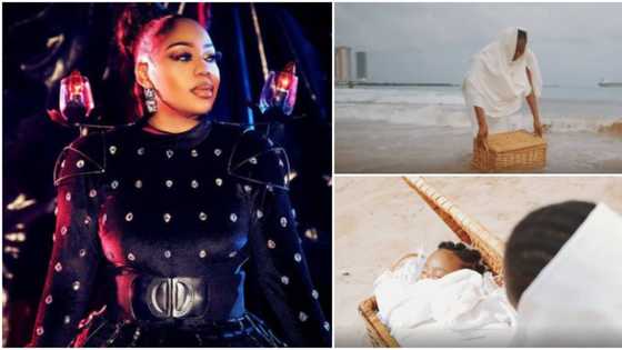 Toyin Lawani places daughter in a basket by seaside, fights like Jackie Chan in music video for 40th birthday