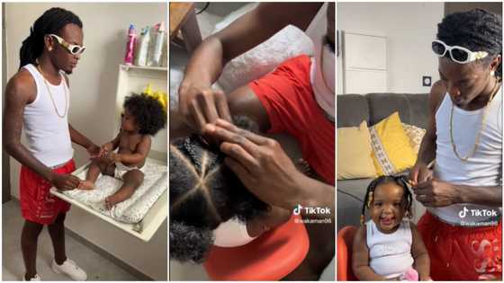Lovely father bathes his baby daughter, plaits her natural hair into cornrows like professional hairdresser