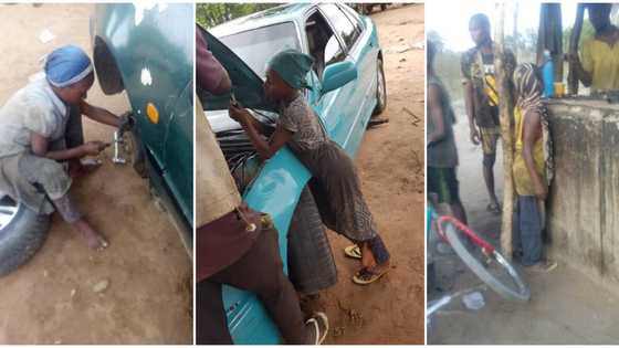 Photos of a primary school girl fixing cars spark reactions, Nigerians wonder how she does it despite her age