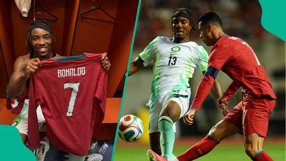 Super Eagles star Bruno Onyemaechi reacts after getting Cristiano Ronaldo’s jersey
