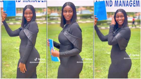 "Baby girl, I'm crushing": Curvy Nigerian lady in black gown poses after project defense, video makes men talk