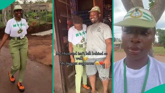 After her POP, ex-corps member visits husband's provision shop in NYSC uniform to appreciate him