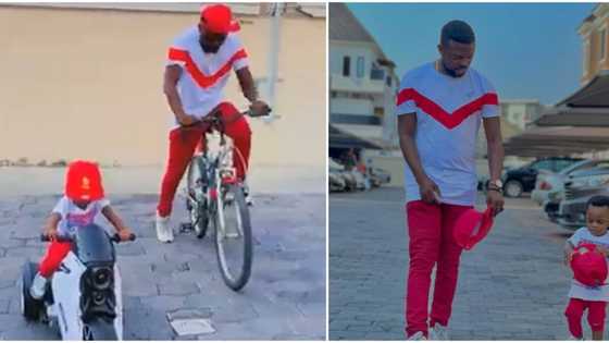 Fans gush over video of Toyin Abraham's hubby and son in matching outfits as they take bikes for a spin