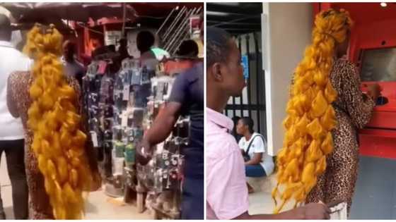 Lady's dramatic hairstyle causes stir in marketplace, Nigerians react