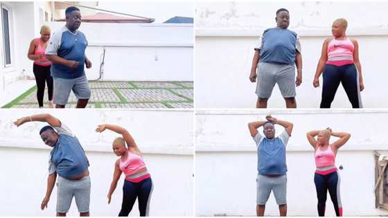 "He looks angry": Mr Ibu bones face in video as daughter 'forces' him to exercise, actor's tummy disturbs him