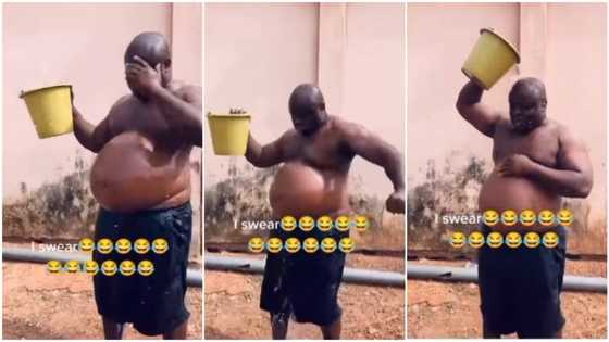 Na fat I fat I know kill person - Plus size Nigerian man comes outside, pours water on his head in video