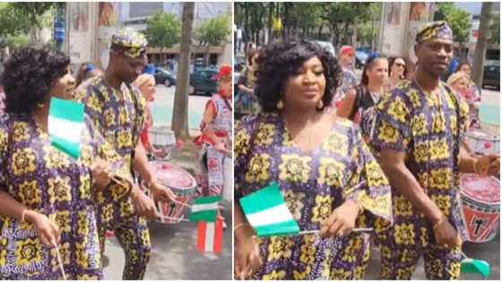 "Ayinla in Abroad": Sweet reactions as Lateef Adedimeji and wife join street band in traditional wears