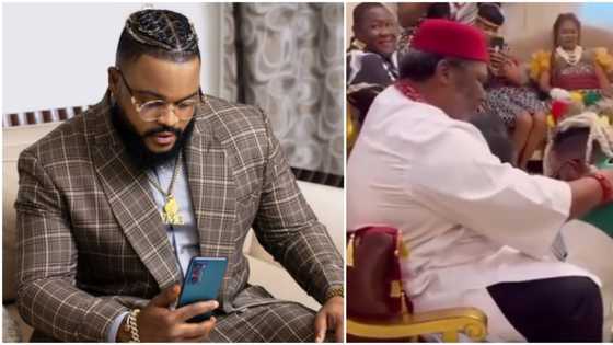 BBNaija's Whitemoney kneels to greet Pete Edochie in heartwarming video, meets other stars on movie set