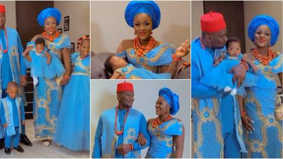 Chacha Eke Faani's baby goes to church, actress' family dazzles in blue for dedication ceremony