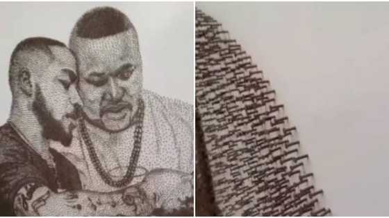 Raw talent: Internet users gush as artist uses nails to draw impressive image of Davido and Cubana Chiefpriest