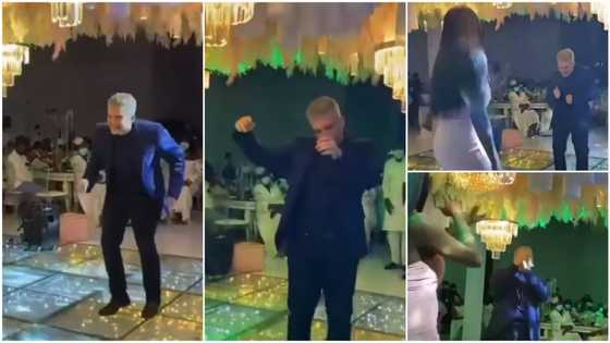 Oyinbo man shows off 'gbese' moves, beats lady in dance competition at wedding ceremony, video goes viral