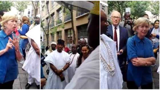 Nigerians react to video of female Oyinbo professor speaking in Yoruba to Ooni of Ife, people watched in awe