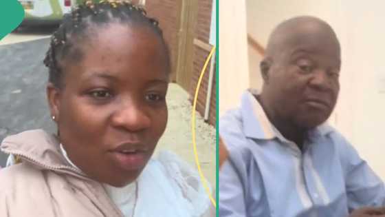 Nigerian lady flies her father to the UK, shows their hearty reunion, gives him a gift card