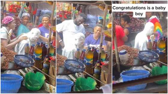 "Na wa o": People transform man's face with white powder after his wife gave birth, market women celebrate