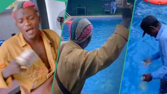 Portable causes massive stir as he sprays money on swimming pool, fans rush to pick them