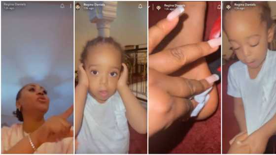 “Sorry mama I won’t do it again”: Regina Daniels’ son holds his ears, apologises for breaking plate on her leg