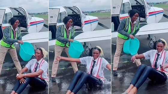 "Please don't faint o": After 10 years, Lady achieves dream of becoming pilot, captain pours water on her in video