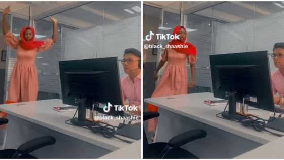 "He go sack you": Nigerian lady in long dress enters Oyinbo boss' office and starts dancing, video emerges