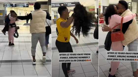 Excited lady pulls off her wig as she lands in Canada after 12 years, reunites with siblings in video