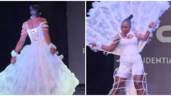 Lady showcases transformative feather design at runway show, fashion lovers share thoughts