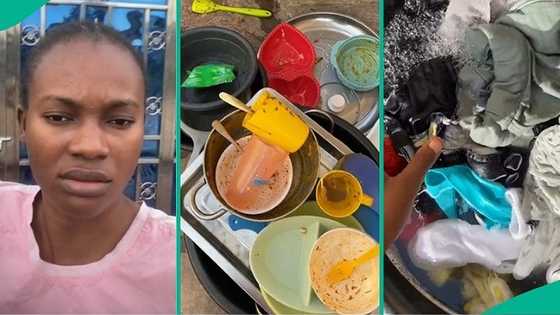 Lady washes clothes and plates to impress boyfriend's family in trending video, people react