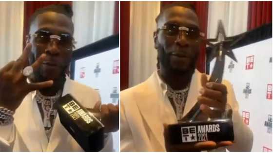 BET Awards 2021: Burna Boy happily shows off his plaque as he wins Best International Act the 3rd time