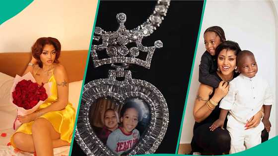 Regina Daniels gets customised diamond necklace with her children's picture, video melts hearts