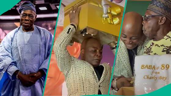 Charly Boy stirs drama at Obasanjo's 89th b'day, their greeting raises eyebrows: "Baby vex"