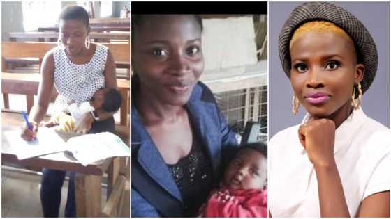 Mother breastfeeds baby in one hand as she writes exams with another, Nigerians react to viral photo
