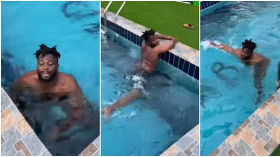 “What are you trying to do?” Nigerians react to hilarious video of Sabinus swimming in his house pool