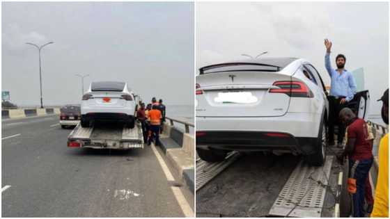 Photos capture moment Tesla car was towed away from 3rd mainland bridge in Lagos state, Nigerians react
