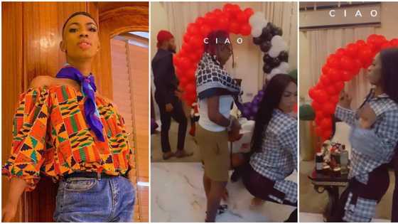 Friends rain cash on crossdresser James Brown as they celebrate his birthday