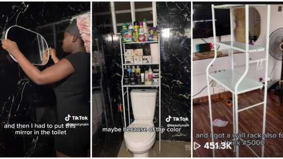 "Carry wardrobe inside": Nigerian lady changes her bathroom, covers the wall with black wallpapers, puts racks
