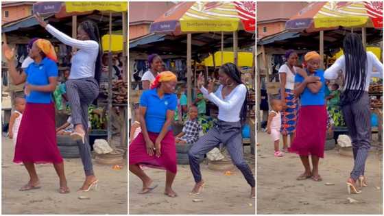 Young lady in heels 'challenges' market woman to Buga dance, they compete with moves in viral video