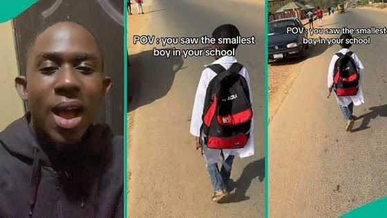Small-looking Nigerian boy in higher institution causes stare as he walks to school in video