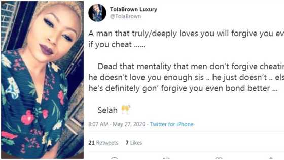 A man who truly loves you will forgive your cheating - Nigerian lady claims