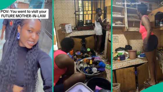 Lady visits her boyfriend's family house, washes plates, cleans everywhere, runs errands