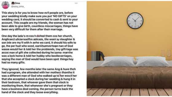 They hung it in their bedroom: Lady shares how clock gift received on wedding day delayed woman's pregnancy