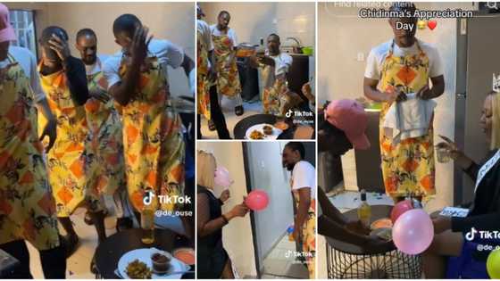 "She dey try for us": 4 brothers celebrate sister who cooks for them, give her queen's treatment in video