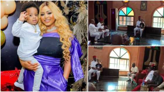 Funny video as Regina Daniels’ 2-year-old son greets PDP local government chairmen, they respond