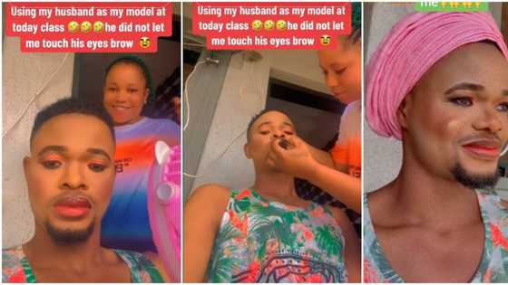 "Pretty man": Nigerian lady applies makeup on her husband's face, shows off his transformation online