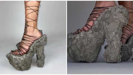 Heelarious: Nigerians reacts as lady shares photos of shoes made of concrete