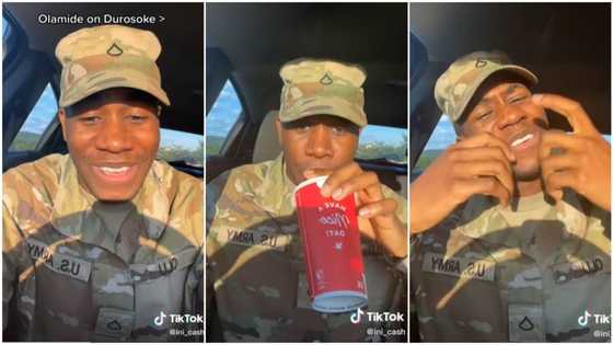 Nigerian man working as soldier in US Army sings Olamide's Durosoke song in video, enjoys himself, many react