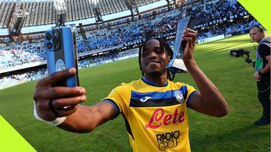 Ademola Lookman reacts after scoring 2 goals against Napoli, poses with MOTM award