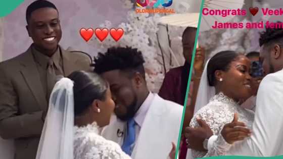 Pastor Bolaji blushes hard as Veekee James and Femi finally kiss at white wedding, cute videos trend