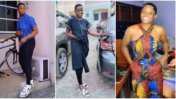 "I'm a girl": Nigerian lady who looks like man ditches tomboy, slays in ankara dress, video causes stir