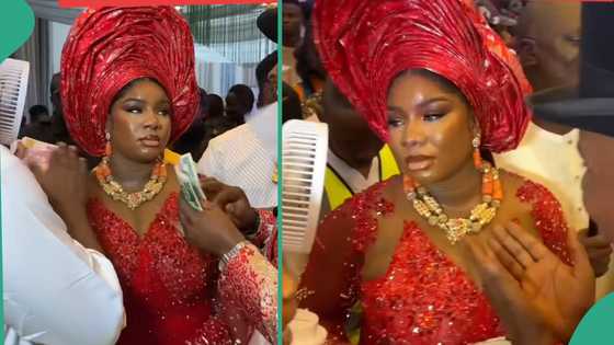 Elegant bride in red traditional dress refuses to smile during her wedding dance
